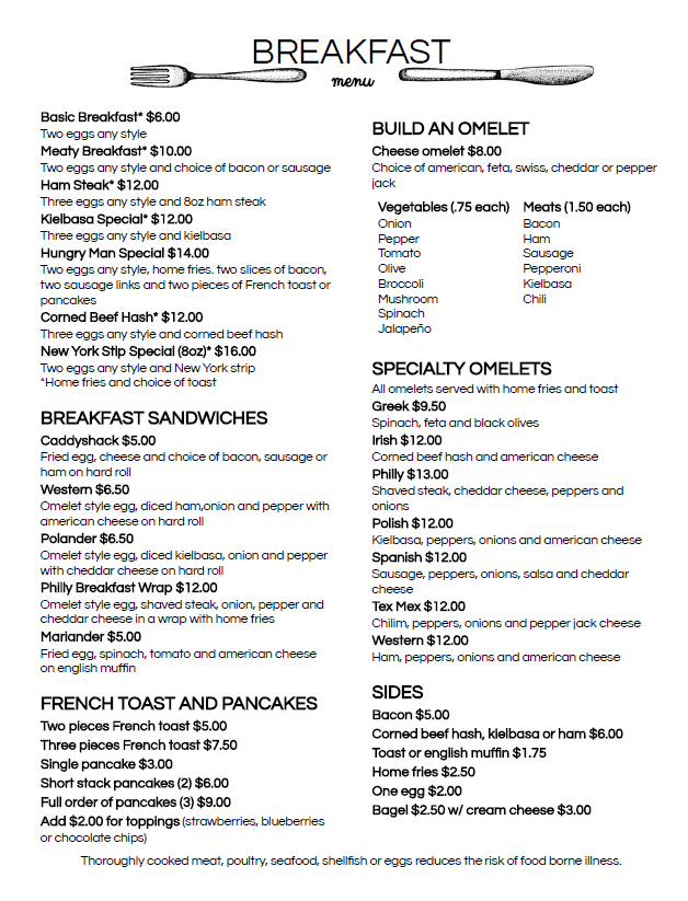 Breakfast Menu Norwich Golf Course